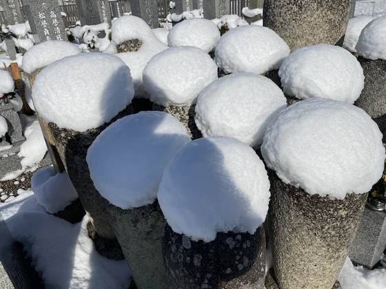 雪をかぶった墓石