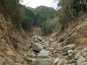 写真4 土石流の谷 前方に割谷が口を開いている 写真4