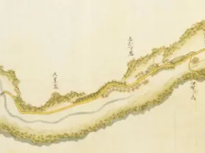 大黒岩・恵美須岩(東海道絵図)、右端は西の追分、左端は鈴鹿川の橋 大黒岩・恵比寿岩(東海道絵図)